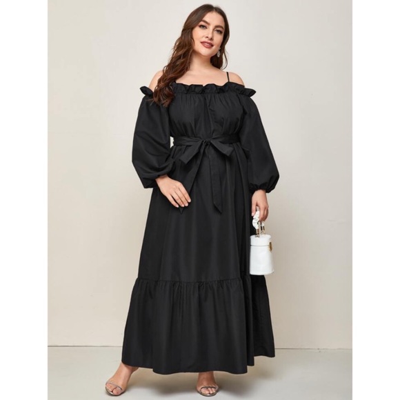 ◾️Eloquii Ruffle Off Shoulder Dress With Waist Tie Belt - Picture 1 of 7